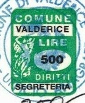 Marca da Bollo del Comune di VALDERICE su Carta Bianca di dimensioni 15,5 x 20,5 mm
