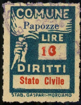 Marca da Bollo del Comune di PAPOZZE su Carta Bianca Sottile di dimensioni 18,5 x 26 mm