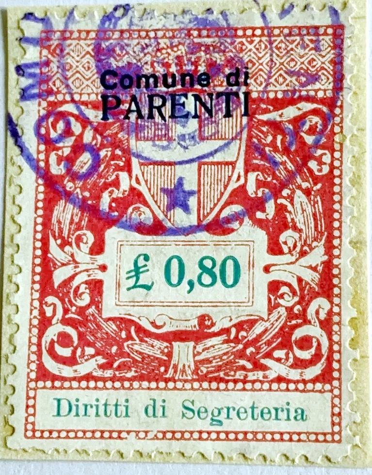 Marca da Bollo del Comune di PARENTI su Carta Bianca Sottile di dimensioni 18,5 x 26 mm