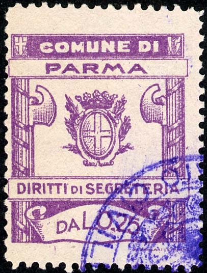 Marca da Bollo del Comune di PARMA su Carta Bianca Sottile di dimensioni 25 x 28,5 mm