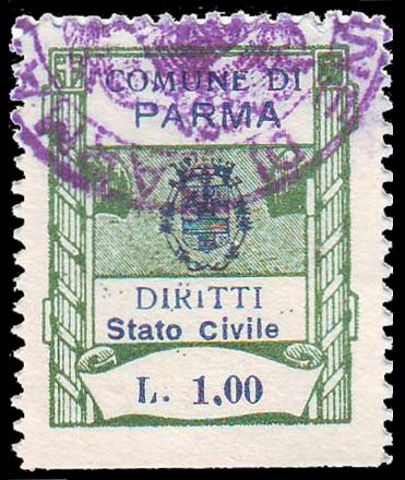 Marca da Bollo del Comune di PARMA su Carta Bianca Sottile di dimensioni 25 x 28,5 mm