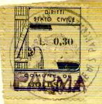 Marca da Bollo del Comune di PARMA su Carta Bianca di dimensioni 23 x 29,5 mm