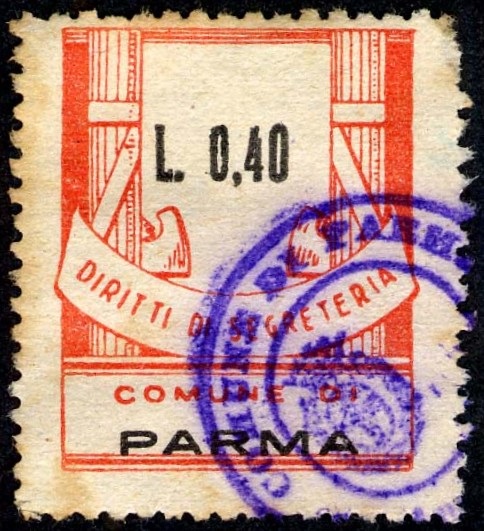 Marca da Bollo del Comune di PARMA su Carta Bianca di dimensioni 24 x 29 mm