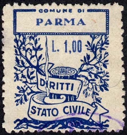 Marca da Bollo del Comune di PARMA su Carta Bianca Sottile di dimensioni 22 x 28,5 mm