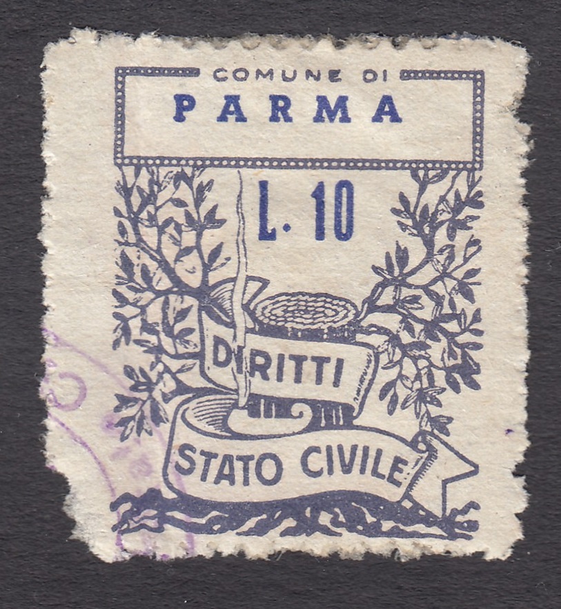 Marca da Bollo del Comune di PARMA su Carta Bianca di dimensioni 22,5 x 29 mm