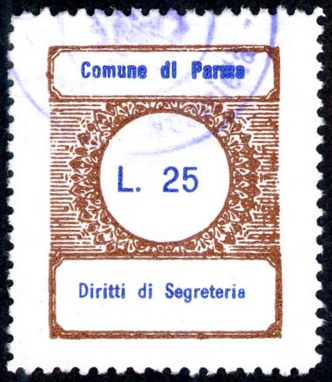 Marca da Bollo del Comune di PARMA su Carta Bianca Sottile di dimensioni 22,5 x 28,5 mm