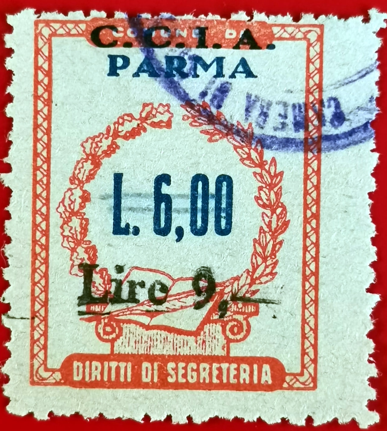 Marca da Bollo del Comune di PARMA su Carta Bianca di dimensioni 22 x 28 mm
