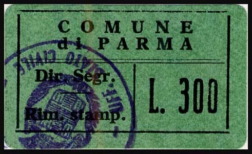 Marca da Bollo del Comune di PARMA su Carta Bianca di dimensioni 29 x 16,5 mm