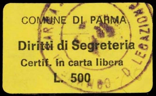Marca da Bollo del Comune di PARMA su Carta Bianca di dimensioni 25 x 15 mm