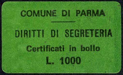 Marca da Bollo del Comune di PARMA su Carta Colorata di dimensioni 27 x 15 mm