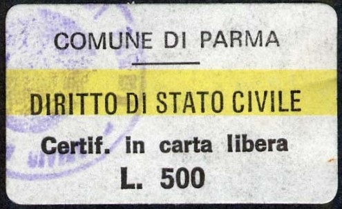 Marca da Bollo del Comune di PARMA su Carta Bianca di dimensioni 27 x 15 mm