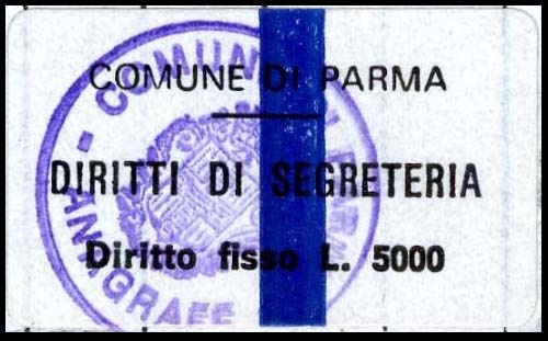 Marca da Bollo del Comune di PARMA su Carta Bianca di dimensioni 27 x 15 mm