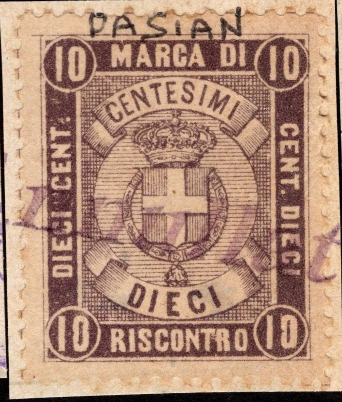 Marca da Bollo del Comune di PASIAN DI PRATO su Carta Bianca di dimensioni 21 X 33,5 mm
