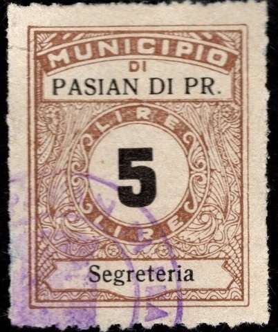 Marca da Bollo del Comune di PASIAN DI PRATO su Carta Bianca di dimensioni 23 x 29,5 mm