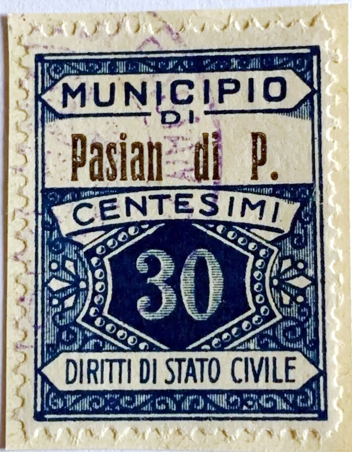 Marca da Bollo del Comune di PASIAN DI PRATO su Carta Bianca di dimensioni 22,5 x 29 mm