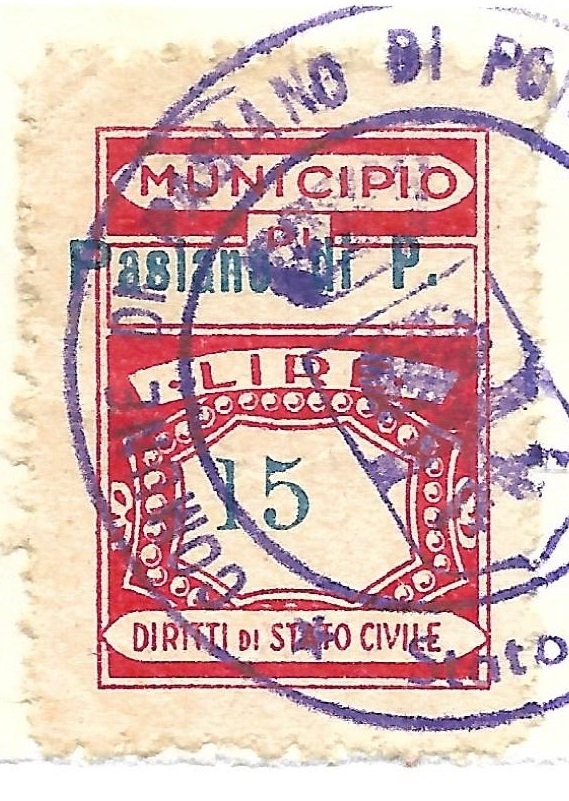 Marca da Bollo del Comune di PASIAN DI PRATO su Carta Bianca di dimensioni 22,5 x 29 mm