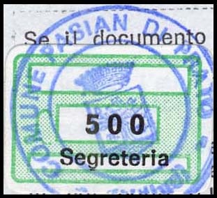 Marca da Bollo del Comune di PASIAN DI PRATO su Carta Bianca di dimensioni 19 x 13 mm