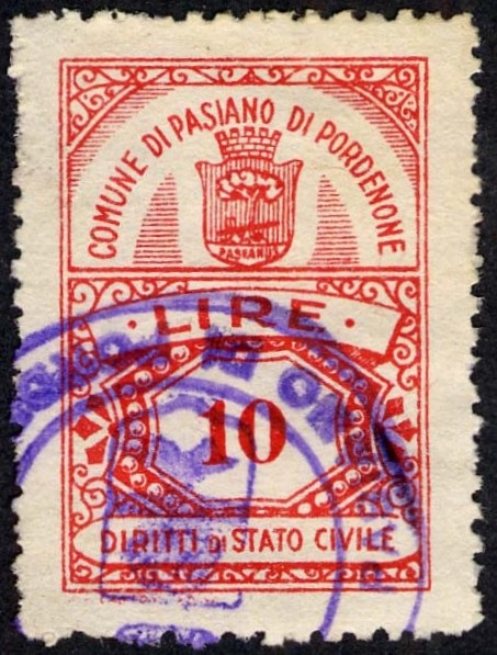 Marca da Bollo del Comune di PASIANO DI PORDENONE su Carta Bianca Sottile di dimensioni 21,5 x 31 mm