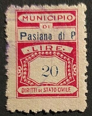 Marca da Bollo del Comune di PASIANO DI PORDENONE su Carta Bianca di dimensioni 22,5 x 29 mm
