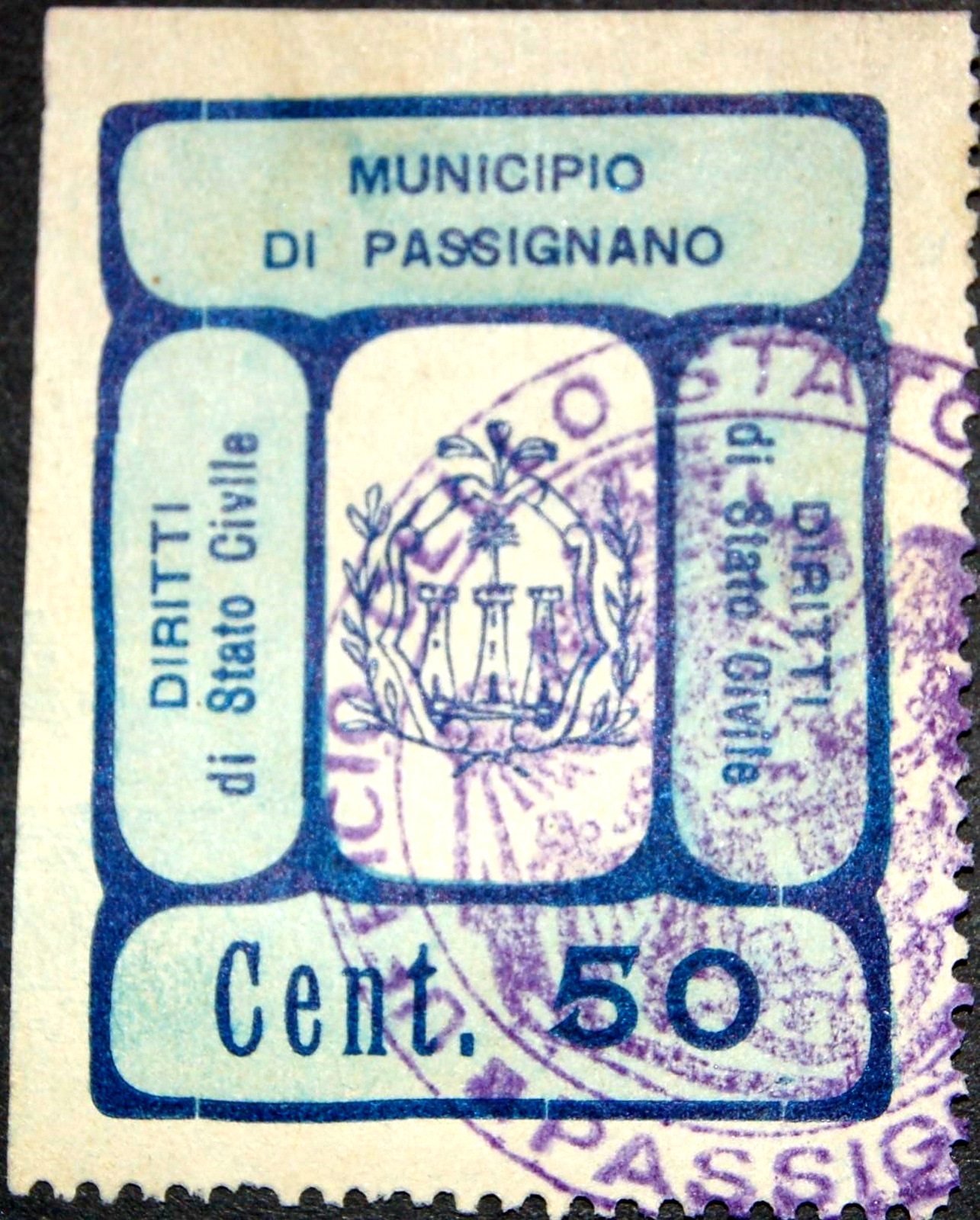 Marca da Bollo del Comune di PASSIGNANO SUL TRASIMENO su Carta Bianca di dimensioni 23 x 27 mm