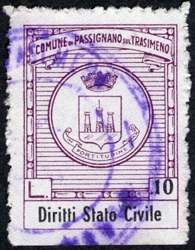 Marca da Bollo del Comune di PASSIGNANO SUL TRASIMENO su Carta Bianca di dimensioni 21 X 27 mm