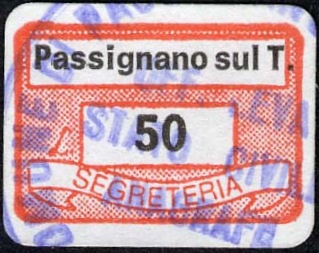 Marca da Bollo del Comune di PASSIGNANO SUL TRASIMENO su Carta Bianca di dimensioni 19 x 13 mm