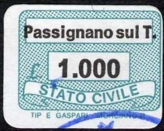 Marca da Bollo del Comune di PASSIGNANO SUL TRASIMENO su Carta Bianca di dimensioni 19 x 13 mm
