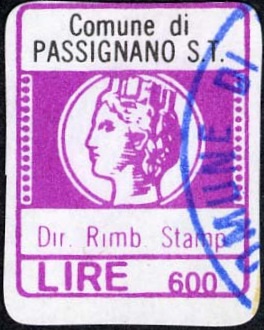 Marca da Bollo del Comune di PASSIGNANO SUL TRASIMENO su Carta Bianca di dimensioni 16 x 20 mm