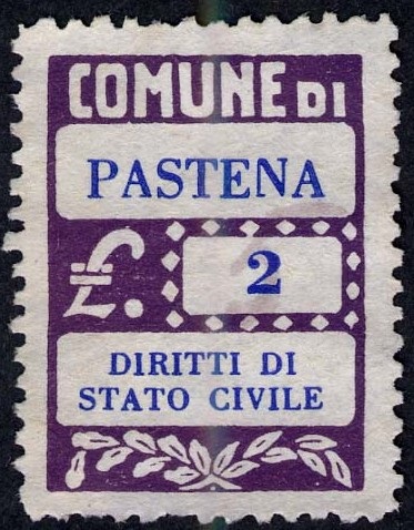 Marca da Bollo del Comune di PASTENA su Carta Bianca di dimensioni 20 x 28 mm