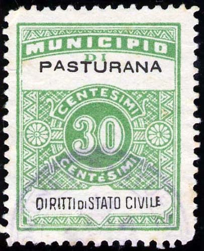 Marca da Bollo del Comune di PASTURANA su Carta Bianca Sottile di dimensioni 23,5 x 30 mm