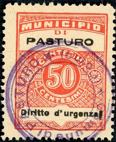 Marca da Bollo del Comune di PASTURO su Carta Bianca Sottile di dimensioni 22,5 x 29 mm