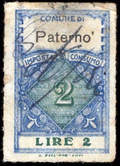 Marca da Bollo del Comune di PATERNO´ su Carta Bianca Sottile di dimensioni 44 x 31,5 mm