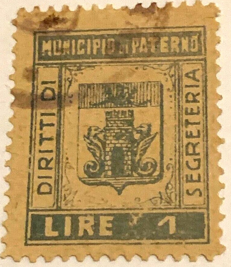 Marca da Bollo del Comune di PATERNO´ su Carta Bianca Sottile di dimensioni 20 x 25,5 mm