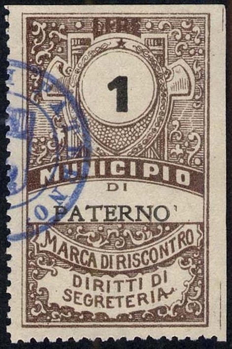 Marca da Bollo del Comune di PATERNO´ su Carta Bianca Sottile di dimensioni 26 x 43,5 mm