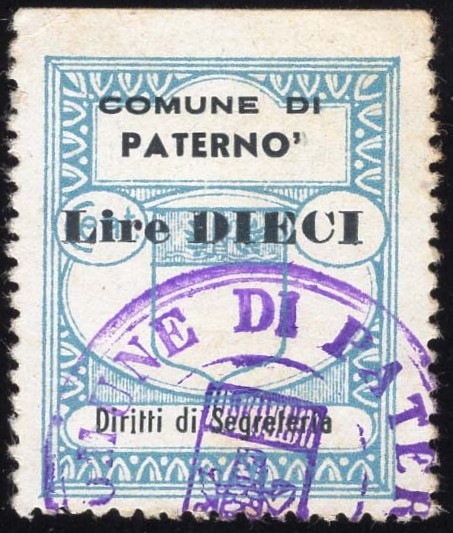 Marca da Bollo del Comune di PATERNO´ su Carta Bianca di dimensioni 24,5 x 30,5 mm