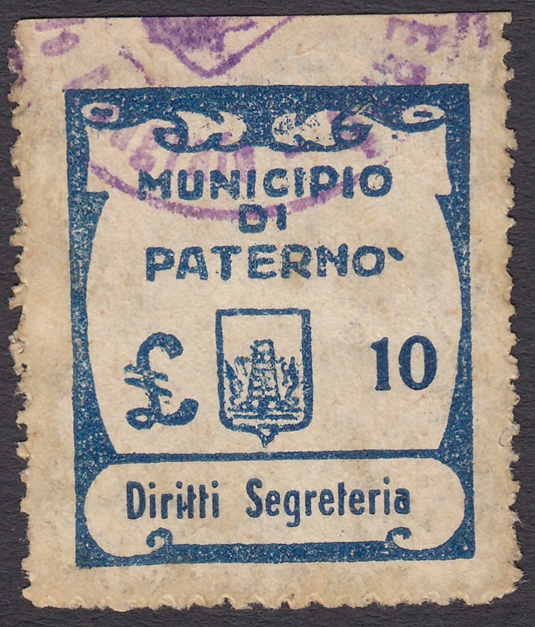 Marca da Bollo del Comune di PATERNO´ su Carta Bianca di dimensioni 23 x 27,5 mm
