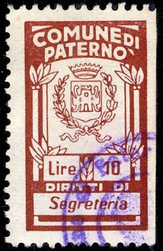 Marca da Bollo del Comune di PATERNO´ su Carta Bianca Sottile di dimensioni 17,5 x 29 mm
