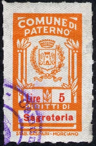 Marca da Bollo del Comune di PATERNO´ su Carta Bianca di dimensioni 17 x 30 mm
