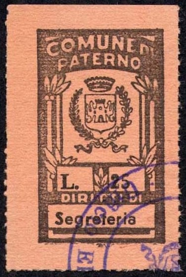 Marca da Bollo del Comune di PATERNO´ su Carta Colorata di dimensioni 17 x 29 mm