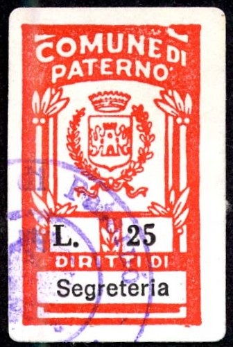 Marca da Bollo del Comune di PATERNO´ su Carta Bianca di dimensioni 17 x 29 mm