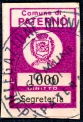 Marca da Bollo del Comune di PATERNO´ su Carta Bianca di dimensioni 15,5 x 24 mm