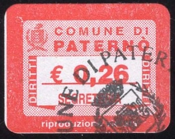 Marca da Bollo del Comune di PATERNO´ su Carta Bianca di dimensioni 20 x 14 mm