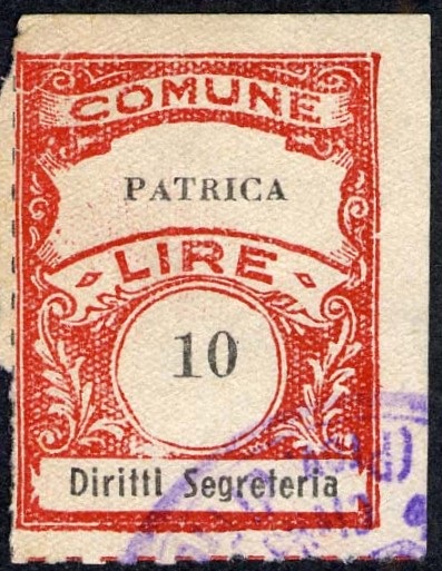 Marca da Bollo del Comune di PATRICA su Carta Bianca di dimensioni 22,5 x 29 mm