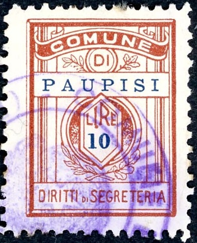 Marca da Bollo del Comune di PAUPISI su Carta Bianca di dimensioni 21,5 x 28,5 mm