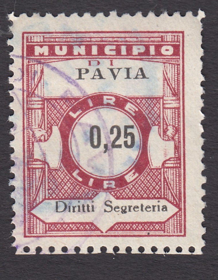 Marca da Bollo del Comune di PAVIA su Carta Bianca Sottile di dimensioni 23 x 29 mm