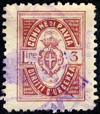 Marca da Bollo del Comune di PAVIA su Carta Bianca di dimensioni 16 x 21,5 mm