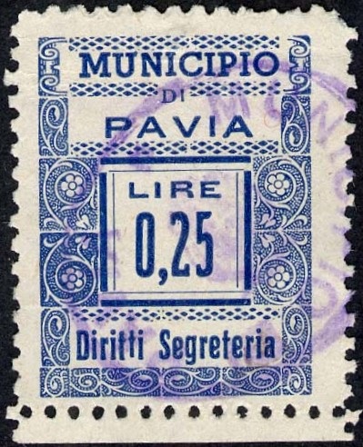 Marca da Bollo del Comune di PAVIA su Carta Bianca Sottile di dimensioni 20 x 27 mm