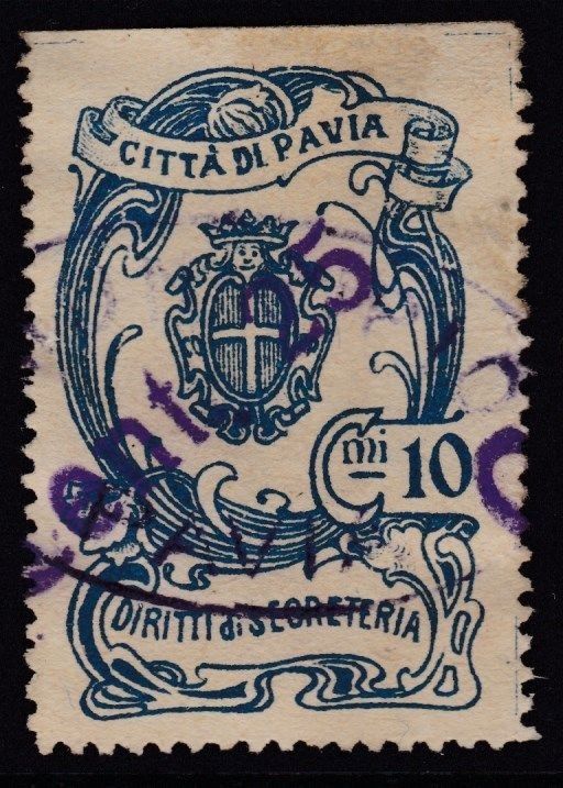 Marca da Bollo del Comune di PAVIA su Carta Bianca Sottile di dimensioni 29 x 38 mm