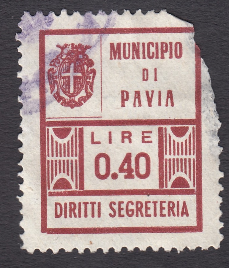 Marca da Bollo del Comune di PAVIA su Carta Bianca di dimensioni 21,5 x 28,5 mm