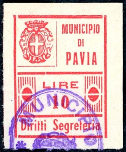 Marca da Bollo del Comune di PAVIA su Carta Bianca Sottile di dimensioni 22 x 28,5 mm